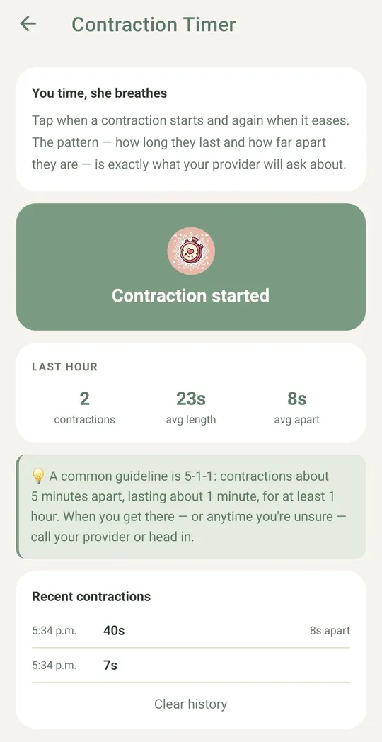 Tools for the home stretch: the contraction timer showing length and spacing for the last hour